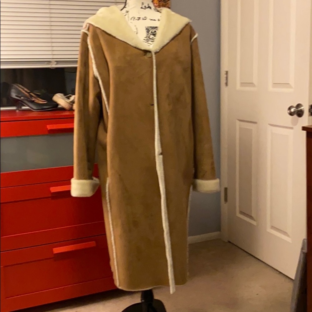 RALPH LAUREN Long Faux Suede Hooded Fur Lined Coat